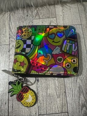 Holographic Multicolor Emoji Zip Wallet with Pineapple Charm